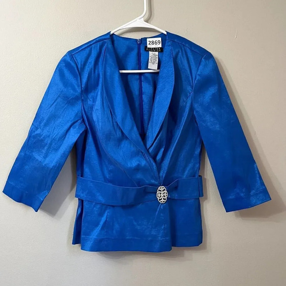 Atelier Danielle Women Blue Blazer M Belted Rhinestone Formal Blouse Taffeta - Picture 4 of 7